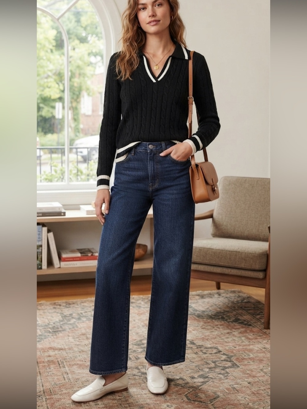 Micoson Cable Knit V-Neck Sweater Black Cream Trim Preppy Classic M